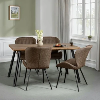 Image of Seconique Quebec Wave Edge Dining Set with 4 Chairs in Medium Oak Effect/Brown Pu