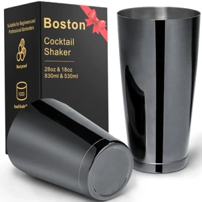 Image of Stainless Steel Cocktail Shaker 2 Piece 18oz Unweighted &amp; 28oz Weighted Professional Bartender Boston Drink Mixer (Black)