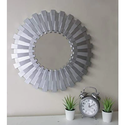Image of Garden Mile® Large Modern 50cm Shabby Chic Round Sunburst Wall Mirror In Silver, Decorative Mountable Bathroom Vanity Cosmetic Bedroom Home Decor