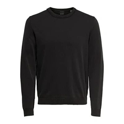 Image of ONLY &amp; SONS Men&#039;s Onsclark Reg Wash Crew Knit Cs Jumper, Black, L
