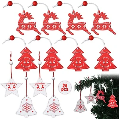 Image of Wooden Christmas Pendants, Pack of 24 Tree Decorations, Various Decorations Pendants Made Wood, Red Tree, White Bells, Five Pointed Star