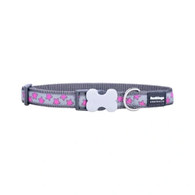 Image of Red Dingo Bucklebone Dog Collar Design, Hot Pink Stars on Grey, Large 25mm