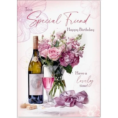 Image of doodlecards Special Friend Birthday Card Roses and Red Wine Large A4 Size with Plain Envelope
