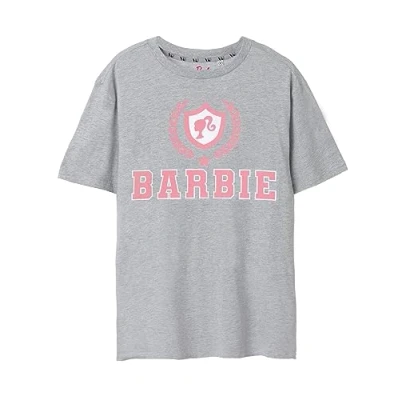Image of Barbie Womens T Shirt Grey Marl with Pink Collegiate Crest Logo Graphic Tee for Ladies Retro Short Sleeved Fashion Top Doll Casual Oversized Movie Merchandise Gift