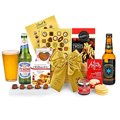 Image of Whittington Wooden Box with Beer Premium Gift Lager, Olives, Shortbread, Pralines Hampers for Him, and Snacks Gifts Men, from Regency