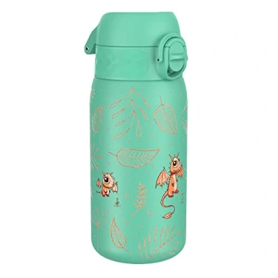 Image of ION8 Stainless Steel Water Bottle (350ml) Leakproof Drinking Bottle, Triple Lock Lid Prevent Spills &amp; Hide Away Handle, Dishwasher Safe Straw Compatible, Slimline Design for Backpacks, Egg to Dragon