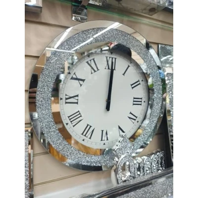 Image of Biznest Large Round Crushed Mirror Jewel Wall Clock Black Needles Roman Number Diamante Glass Silver Eye Catching Home Décor (50x50cm)