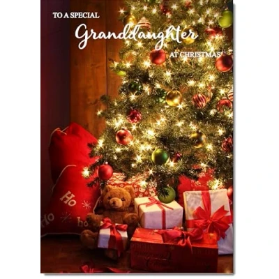 Image of doodlecards Granddaughter Christmas Card Teddy by Tree Medium Size for with Plain Envelope