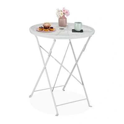 Image of Relaxdays Side Table, Umbrella Hole, Terrazzo Pattern, HxD: 71.5 x 60.5 cm, Steel, Foldable, Round Garden White
