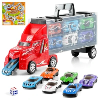 Image of Toy Truck Carrier &amp; 6 Die Cast Cars Play Set Transport Car Toys Lorry Kids