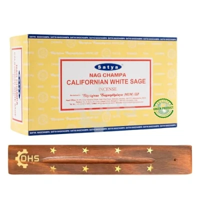 Image of Satya Nag Californian White Sage Incense Sticks Hand Rolled Full Box of 12 With DHS Stick Holder Used for Aromatherapy, Yoga, Meditation, and Relaxation