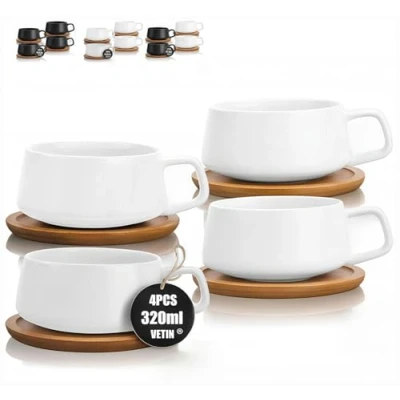 Image of VETIN 4 Pieces Cappuccino Cups with Saucer, Marble Cup, 300 ml Porcelain Espresso for Tea Coffee Cappuccino, Wooden Disc (White x 4)