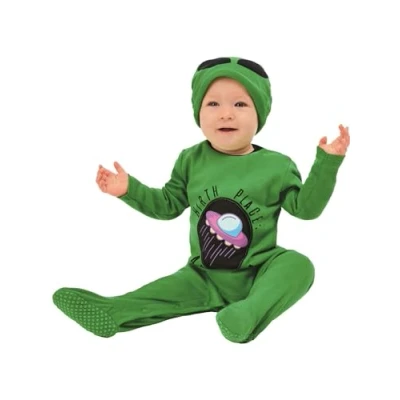 Image of Smiffys Alien Baby, Green All In One &amp; Hat, Halloween Child Fancy Dress, Dress Up Costumes