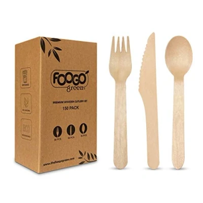 Image of FOOGO Green Disposable Wooden Cutlery Set, FSC® Certified, Forks Spoons Knives, 16cm, Eco Friendly Biodegradable Compostable, Party Wedding Picnic (150pcs 16cm)