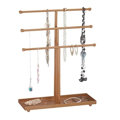 Image of Relaxdays Jewellery Stand, T Shaped, 3 Levels for Chains, with Shelf, H x W D: 40 31 11 cm, Bronze