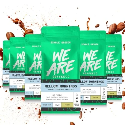 Image of Coffee Beans 1kg (Pack of 6), Whole Bean Coffee, Mellow Mornings Blend Beans, 100% Arabica &amp; Robusta, Medium Roast Fresh Single Origin (We Are Co)
