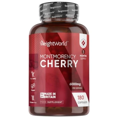 Image of Montmorency Cherry Capsules 6000mg 180 Tart Capsules(3 Months Supply) 50:1 Natural Extract Supplement for Men &amp; Women Gluten Free, Vegan, Lab Tested Non GMO Made in The UK