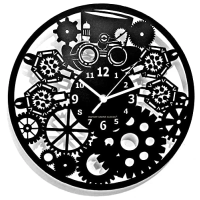 Image of Instant Karma Clocks Wall Clock ➤ Steampunk Retro Gears Industrial, Wood HDF, Black, Ø12inch