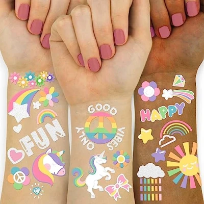 Image of 118 PCS Unicorn Rainbow Temporary Tattoo Kids, Glitter Crown Fake for Girls’ Party Favors Kids Birthday Supplies Decorations, Princess Tattoos Sticker 6 7 8 9 10 year