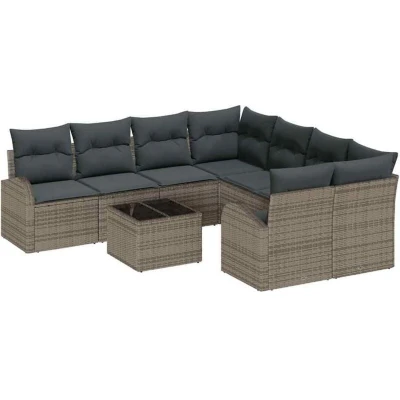 Image of vidaXL 9 Piece Garden Sofa Set with Cushions Grey Poly Rattan