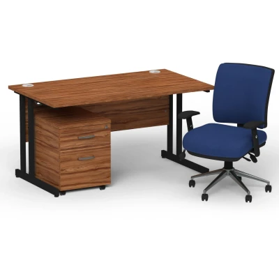 Image of Impulse 1400 Black Cant Desk Walnut + 2 Dr Mobile Ped &amp; Chiro Blue