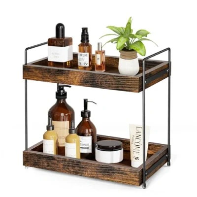 Image of CAROBIN 2 Tier Bathroom Countertop Organizer, Wooden Trays for Counter Vanity Rectangle Cosmetic Organizer Tray, Makeup Storage Shelf Organization