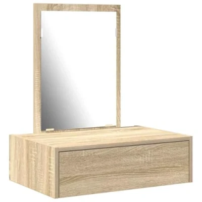 Image of vidaXL Sonoma Oak Wall Mounted Vanity Unit Beige Particle Board Makeup Station with Mirror and Drawer for Bedroom Storage
