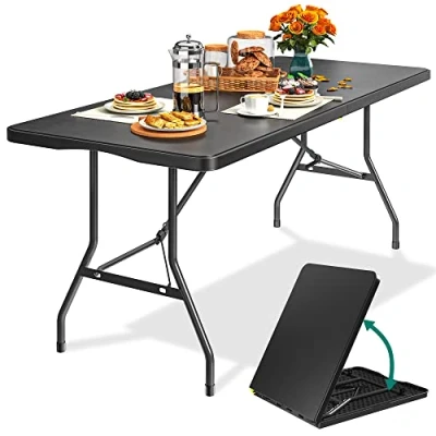 Image of YITAHOME 6ft Folding Camping Table with Handle, Heavy Duty Waterproof Picnic Table, Foldaway Pasting Portable Trestle for Outdoor Party Beach BBQ, 180 x 75 74cm, Black