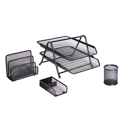 Image of Exerz Office Tray Set Mesh 4pcs 2 Tier Letter Tray/Filing/Paper Tray, Rack, Pen Pot, Clips &amp; Memo Pad Holder