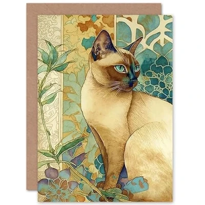 Image of Artery8 Tonkinese Cat with Art Nouveau Botanical Patterns Colourful Watercolour Illustration Birthday Sealed Greeting Card Plus Envelope Blank inside