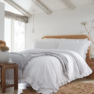 Image of Appletree Loft Cassia Frill 100% Cotton Duvet Cover Set Double Bed Size in White