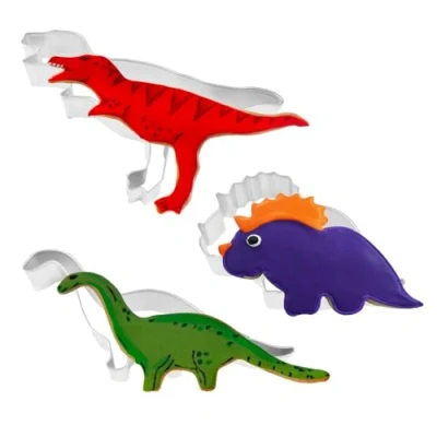 Image of Anniversary House Dinosaur Cookie Cutter Trio 3 Piece Set, Tin Plated Steel, Cutters, Biscuit K0021, Silver