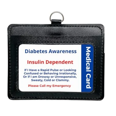 Image of Diabetes Disability Awareness Card, in a Quality Black PU Leather Holder with Lanyard for Best displaying Your Card Rear Pocket Medical or Contact Details.