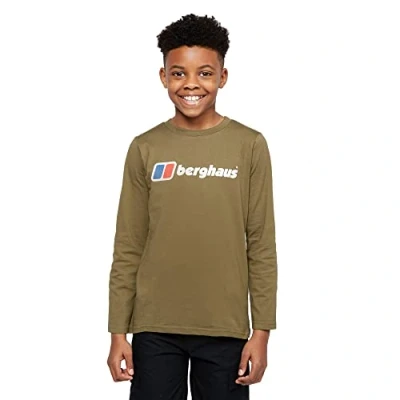 Image of Berghaus Kid&#039;s Unisex Logo T Shirt with Long Sleeves, Boys Shirt, Girls Outdoors, Walking, Trekking and Hiking Clothing, Green, 9 10 Years