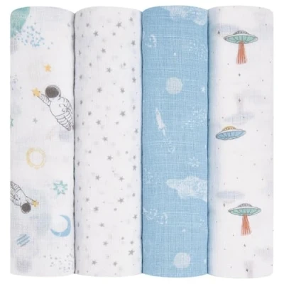 Image of aden + anais Essentials Cotton Muslin 4 Pack Swaddle Blanket Space Explorers
