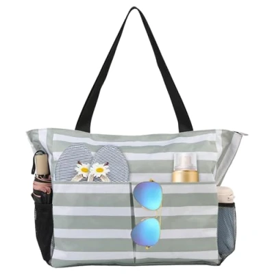 Image of TAHAVICE Beach Tote Bags for Women with Zip, Large Waterproof Bag Pocket, Summer Travel, Shopping, Pool, Gym