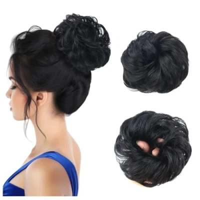 Image of 1 Piece Messy Hair Bun Synthetic Chignon Ponytail Wavy Curly Scrunchies Extension for Women Updo Hairpieces (1B#)