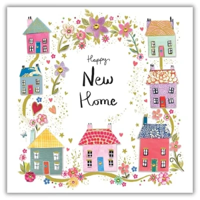Image of New Home Congratulations Card Houses and Flowers Contemporary Artistic Design Special Finishes Made in the UK Eco Friendly
