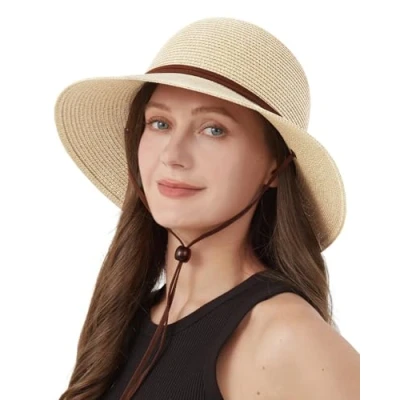 Image of Zylioo Straw Hats with Chin Strap for Small Heads Summer Fedora Beach Sun Hat Petite Wide Brim UV Holiday