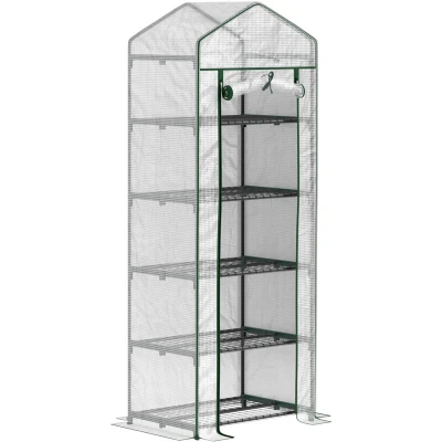 Image of Outsunny 5 Tier Mini Greenhouse Grow House with Roll Up Door White/Green 845 383V02WT