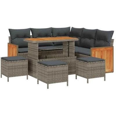 Image of vidaXL 9 Piece Garden Sofa Set with Cushions Grey Poly Rattan Acacia