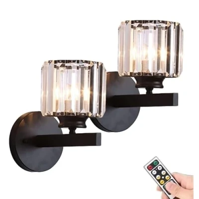 Image of ANUOMY Battery Operated Sconces Wall Lighting 2 Pack,Non Hardwired Rechargeable Lights Fixture with Remote,Modern Glass Shade Lamp Black for Bathroom Bedroom Living Room Fireplace