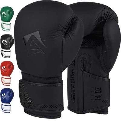 Image of AQF Boxing Gloves for Training &amp; MMA Muay Thai Punch bag Sparring Kickboxing Fighting punching with Extra Layers of Padding (Matt Black, 16oz)