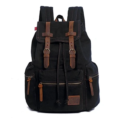 Image of YuHan Canvas Backpack Unisex Vintage Casual Rucksack Laptop Daypacks MacBook Bag Schoolbag Student Bookbag Satchel Hiking Camping Black