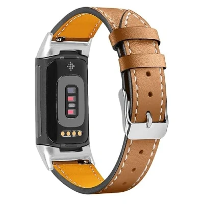 Image of INF Brown Leather Strap for Fitbit Charge 5 Soft Replacement Women Men