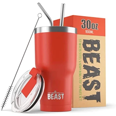 Image of Beast Tumbler 900 ml (30 oz), Red Reusable Stainless Steel, Vacuum Insulated Cup with + 2 Straws &amp; Cleaning Brush Double Wall Travel Flask Perfect for Hot or Iced Coffee BPA Free