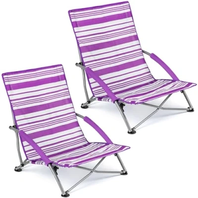 Image of Trail Low Folding Beach Chair, Lightweight Portable Deck Sun Lounger Seat, Camping Festival Picnic Garden, Padded Armrests, Anti Sink Feet, Carry Bag with Strap (2 x Chairs)