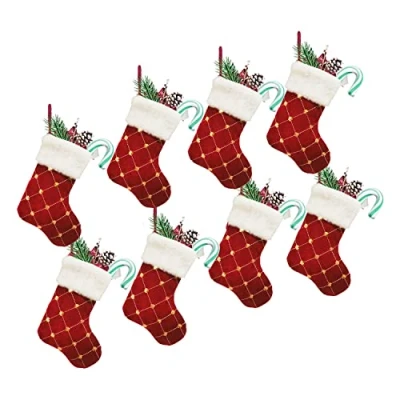 Image of 8 Pack Christmas Mini Stockings 9 inch Glitter Round Dots Sequins Grid Xmas Stocking with Plush Cuff Tableware Holders Gift Card Bags Bulk Treats Bag Tree Decorations Set