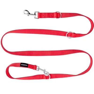 Image of vitazoo dog leash in red, fixed and adjustable 4 lengths suitable for large strong dogs leash, double total length 2m