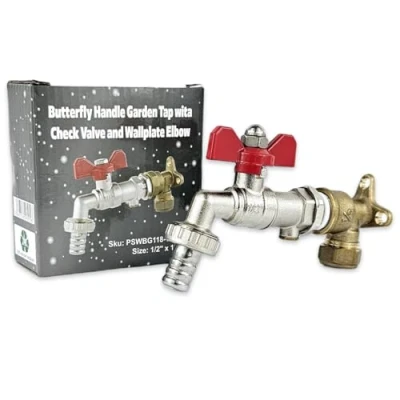 Image of Wärmer System Outside Wall Mounted Garden Tap with Check Valve and Wallplate Elbow Fixture, 1/2 inch (1/2 Butterfly Handle Tap)